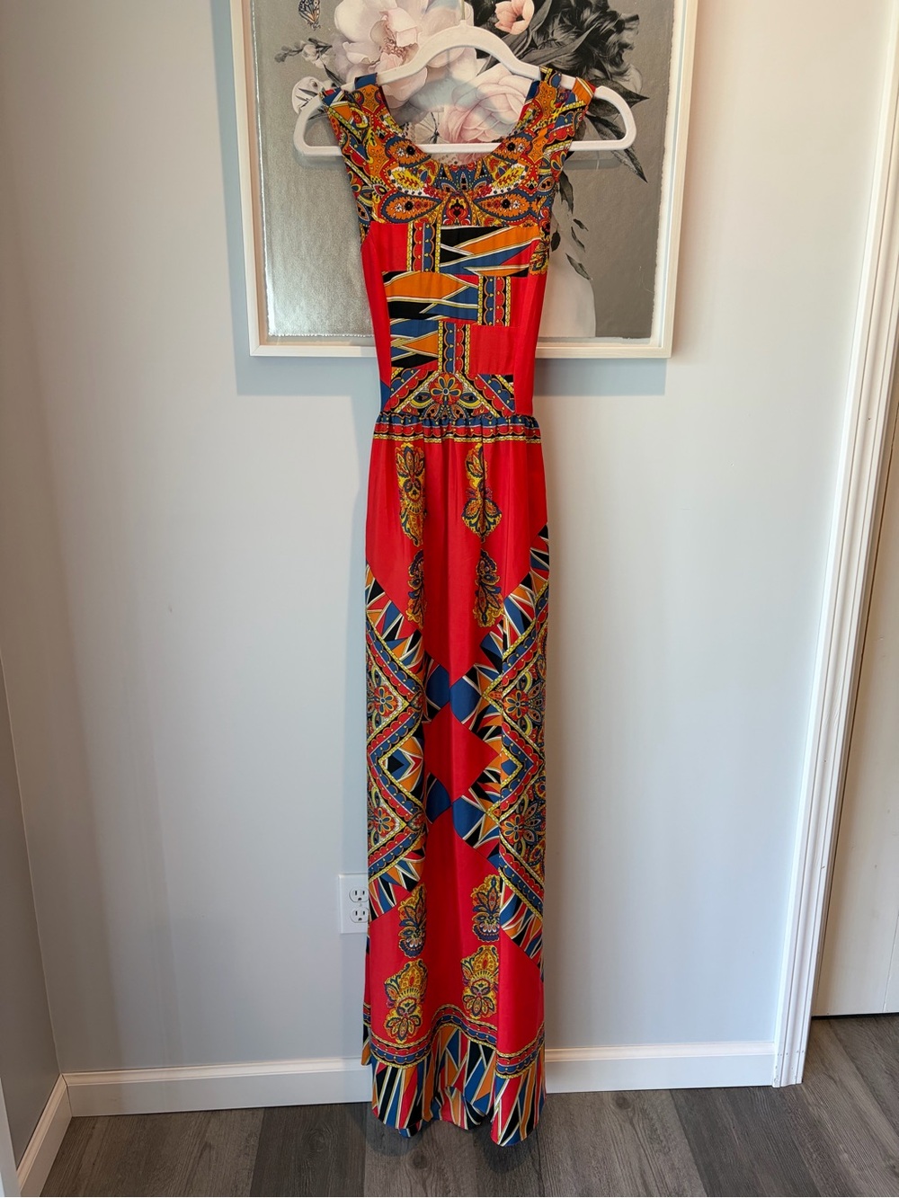 Lovers + Friends Kitty Cat Maxi Dress Scarf Print Orange Red Size Small - Picture 7 of 10